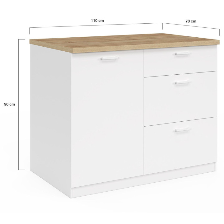 Ilot central TIBO 120 cm casserolier 3 tiroirs bois blanc avec plan de travail façon hêtre