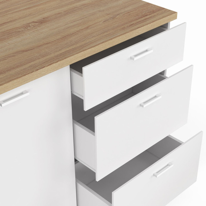 TIBO 110 cm isla central con cacerola de madera blanca de 3 cajones y encimera efecto haya