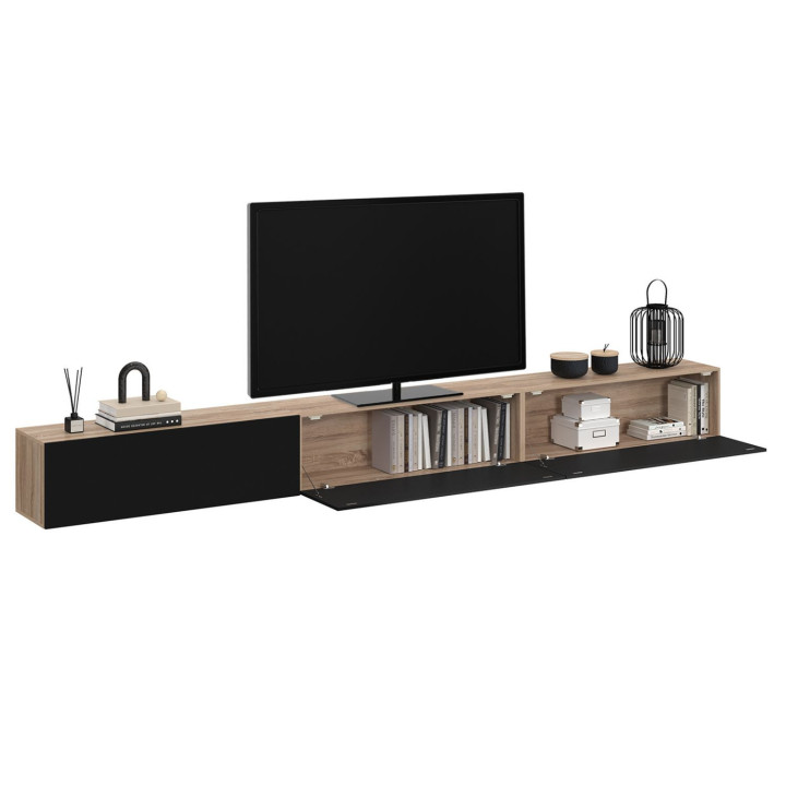 Meuble TV 300 cm suspendu ELIO 3 portes bois et noir