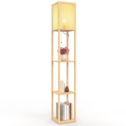 Vloerlamp naturel in licht hout met planken en vierkante kap met rietmotief | IdMarket