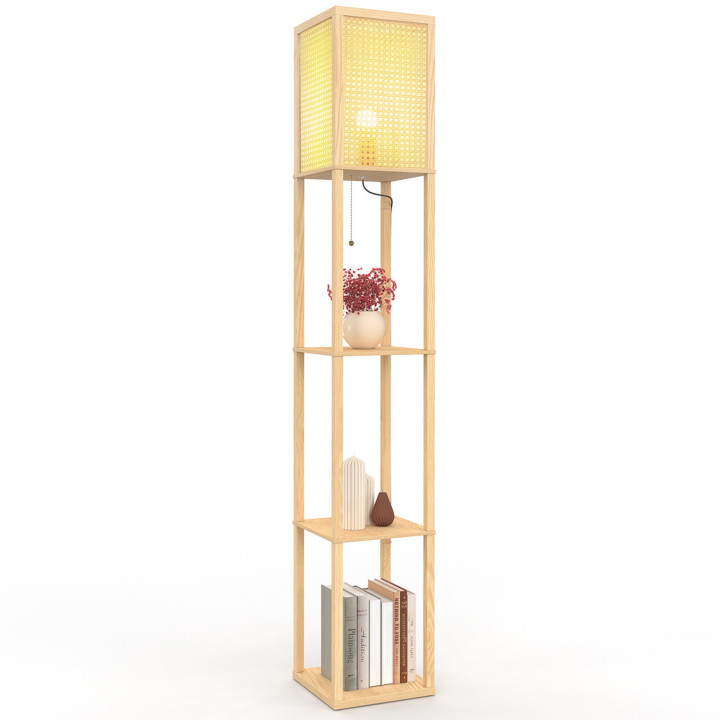 Lampada da terra naturale in legno chiaro con ripiani e paralume quadrato effetto canna da zucchero | IdMarket