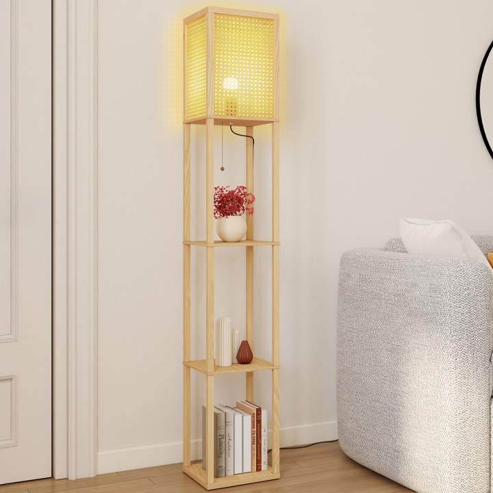 Vloerlamp naturel in licht hout met planken en vierkante kap met rietmotief | IdMarket