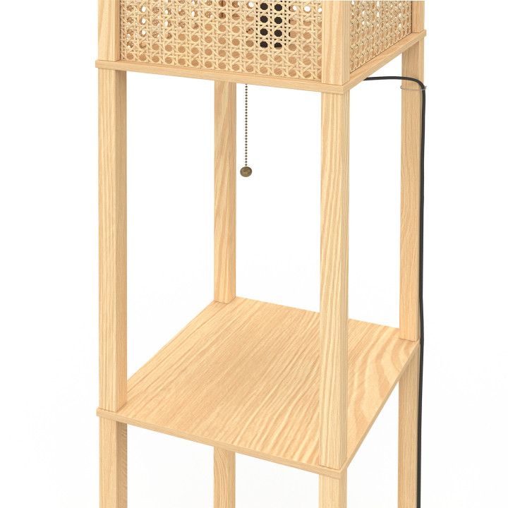 Vloerlamp naturel in licht hout met planken en vierkante kap met rietmotief | IdMarket