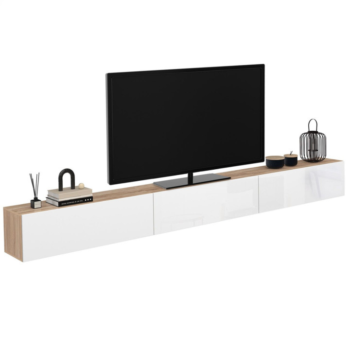 ELIO 300 cm 3-deurs TV-hangelement in hout en wit