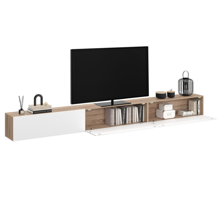 Meuble TV 300 cm suspendu ELIO 3 portes bois et blanc