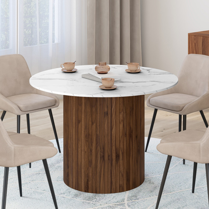 JULIETTE 6-persoons ronde eettafel met centrale poot in walnoot lamelleneffect en blad in wit marmereffect ALASKA 110 cm