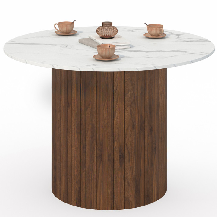 Table à manger ronde JULIETTE 6 personnes pied central effet lattes noyer et plateau effet marbre blanc ALASKA 110 cm
