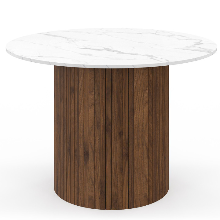 JULIETTE 6-persoons ronde eettafel met centrale poot in walnoot lamelleneffect en blad in wit marmereffect ALASKA 110 cm