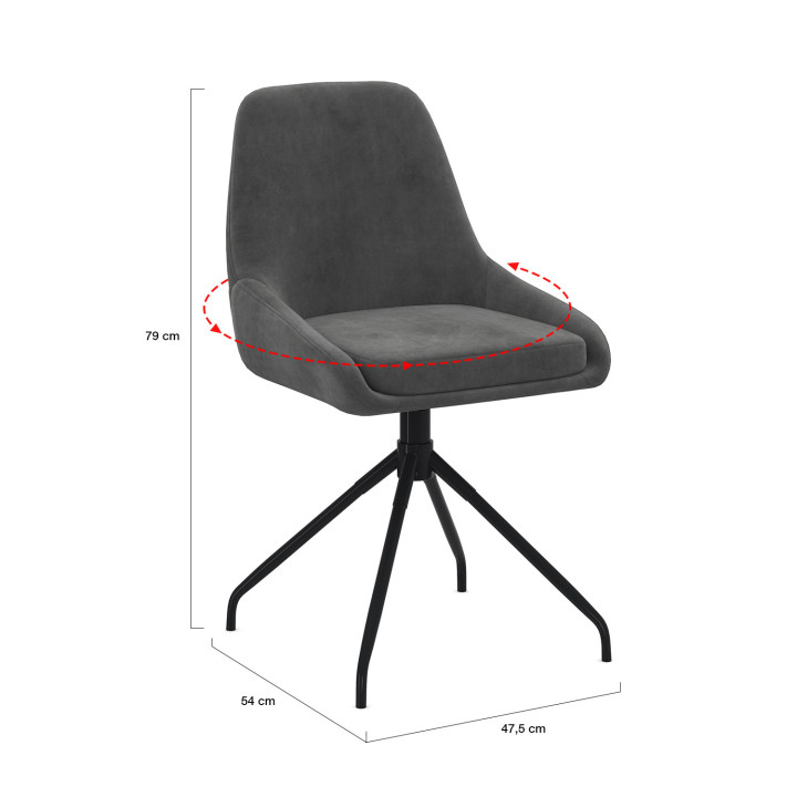 Lot de 4 chaises pivotantes THALYA en velours gris foncé avec accoudoirs