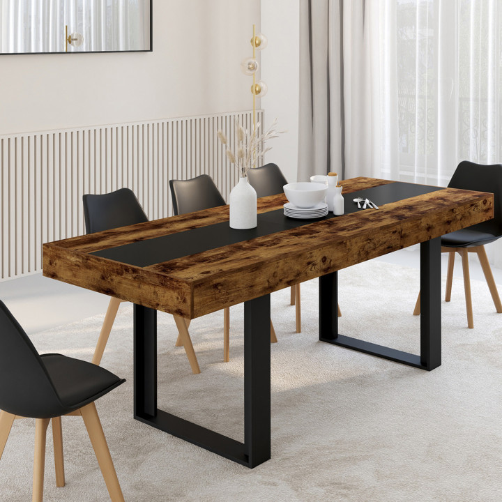 Tavolo da pranzo allungabile in legno anticato e nero per 4-8 persone - PHOENIX