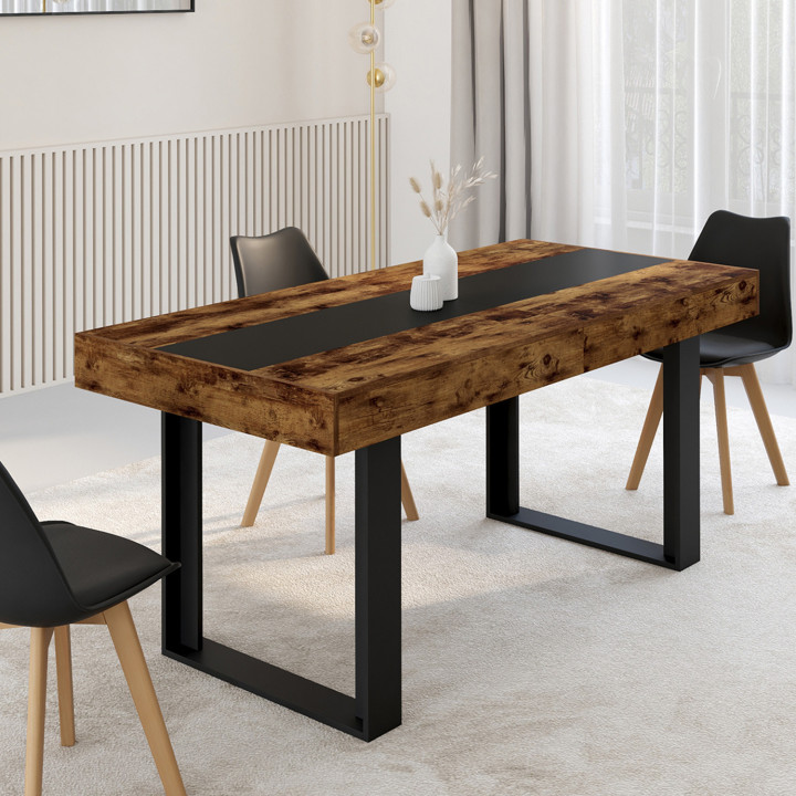 Mesa de comedor extensible en madera efecto envejecido y negro para 6-10 personas - PHOENIX | ID Market