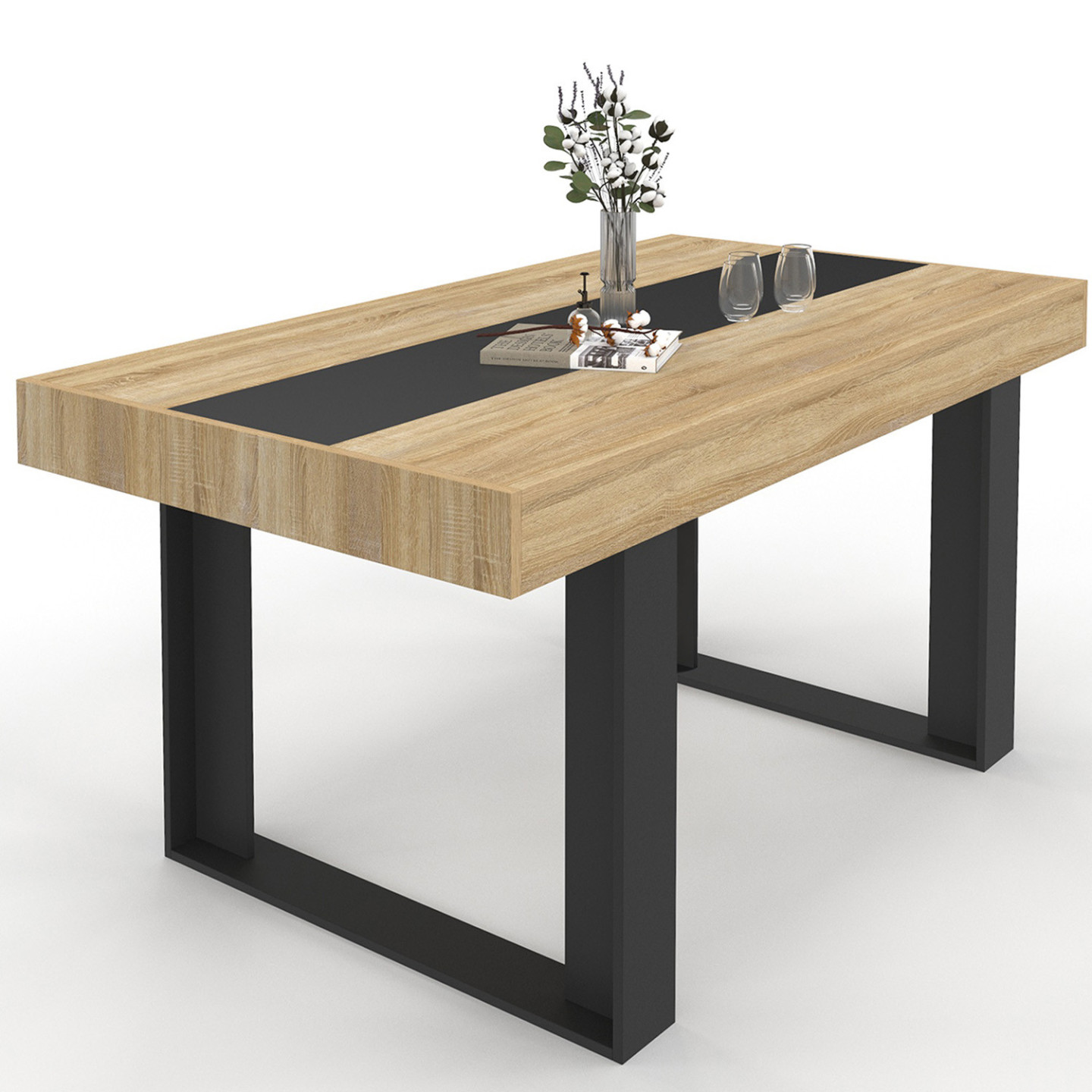 Industrieller Tisch 6 Personen Holz Mittelstreifen schwarz - PHOENIX