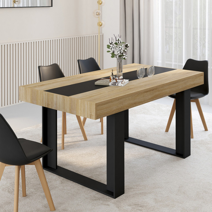 Table à manger rectangle PHOENIX 6 personnes bois et noir bande centrale noire 160 cm