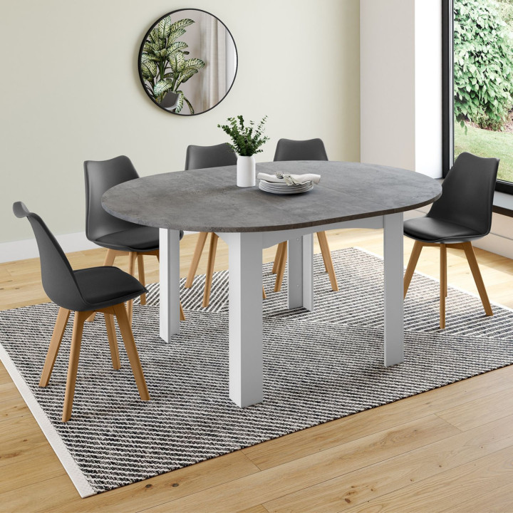 Mesa de comedor blanca con tablero redondo extensible efecto hormigón para 4-8 personas - DONA | ID Market
