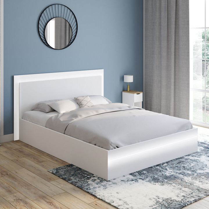 Lit double CHARLIE 140 x 190 cm avec sommier et LED intégrées blanc