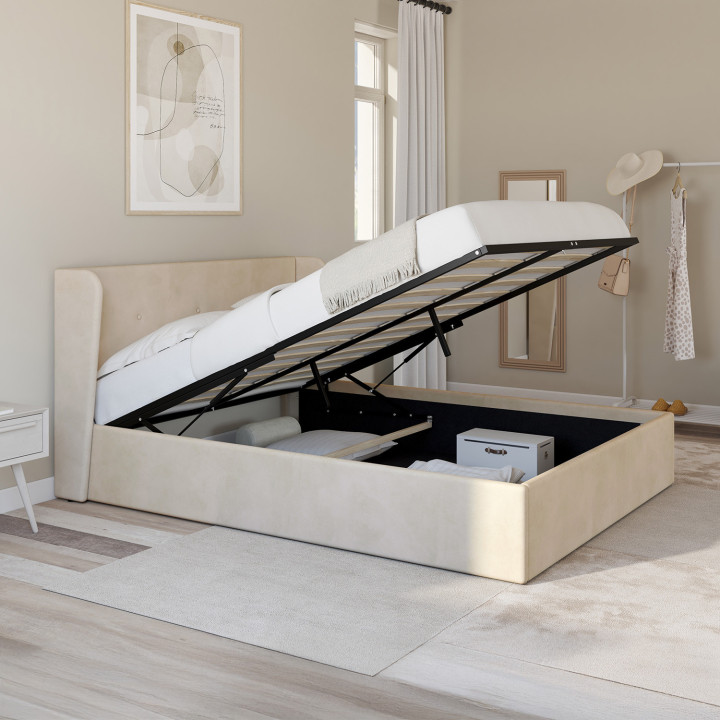 Letto matrimoniale OREA con testata avvolgente e base in velluto beige 140 x 190 cm