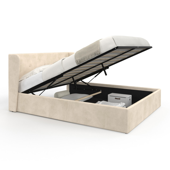 Tweepersoons kistbed met omhullend hoofdeinde en beige fluwelen lattenbodem 140 x 190 cm - OREA | IdMarket