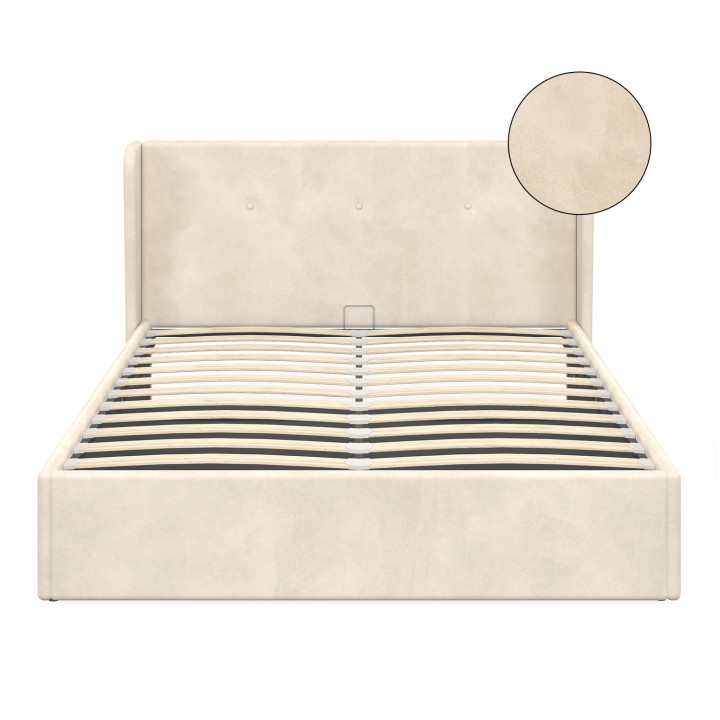 Letto matrimoniale OREA con testata avvolgente e base in velluto beige 140 x 190 cm