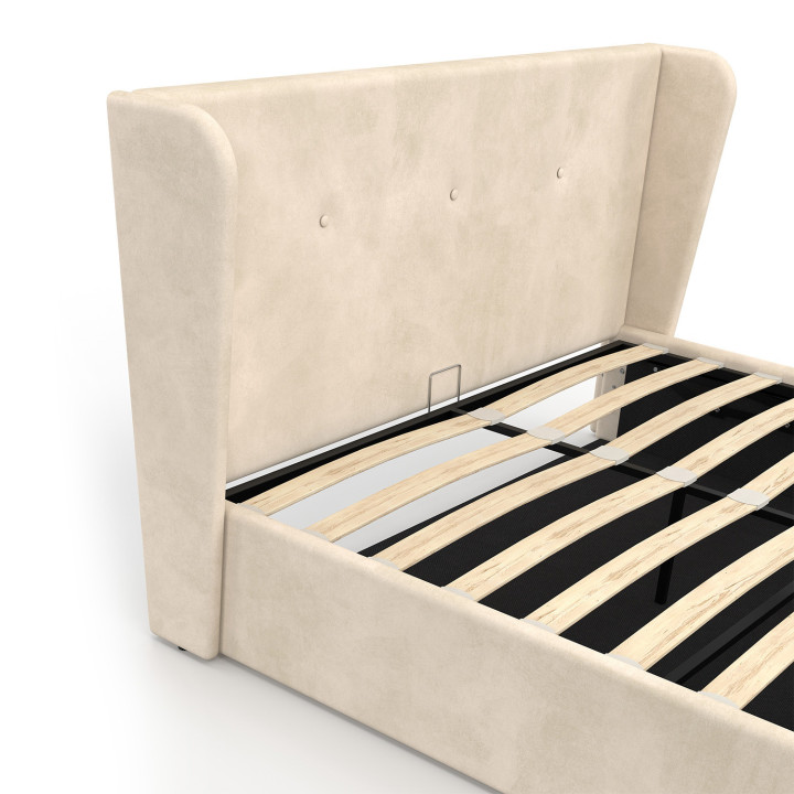 Letto matrimoniale OREA con testata avvolgente e base in velluto beige 140 x 190 cm