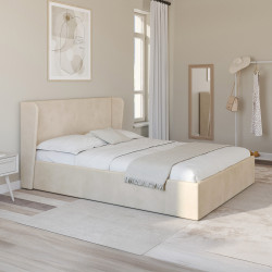 Tweepersoons kistbed met omhullend hoofdeinde en beige fluwelen lattenbodem 140 x 190 cm - OREA | IdMarket
