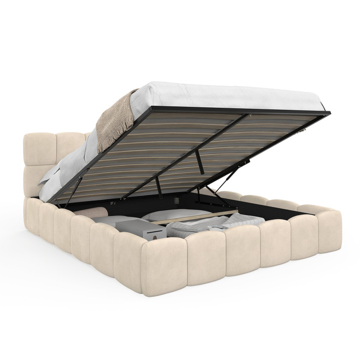 Lit coffre double NUAGE avec tête de lit matelassée et sommier 160 x 200 cm velours beige
