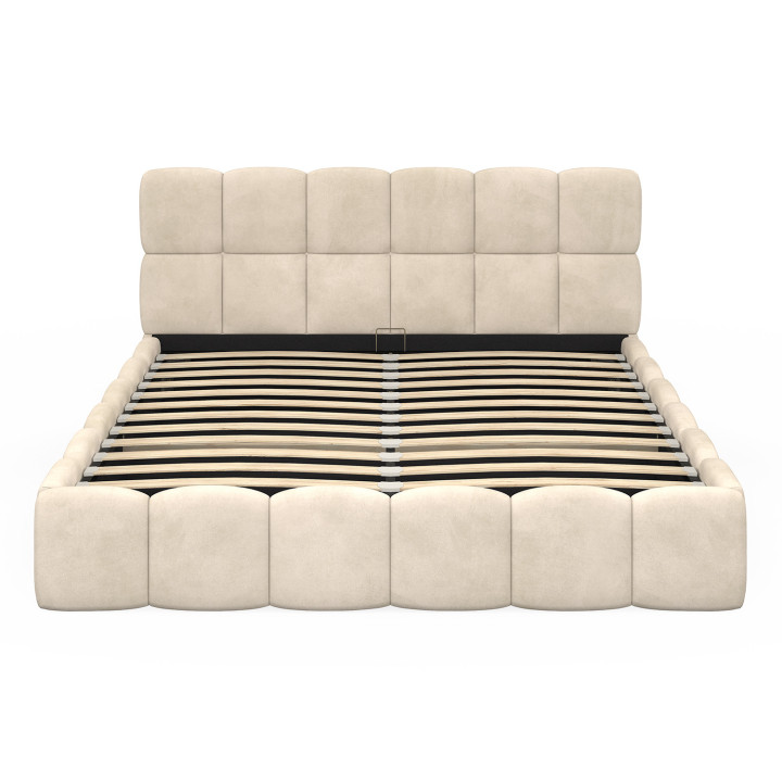 Lit coffre double NUAGE avec tête de lit matelassée et sommier 160 x 200 cm velours beige