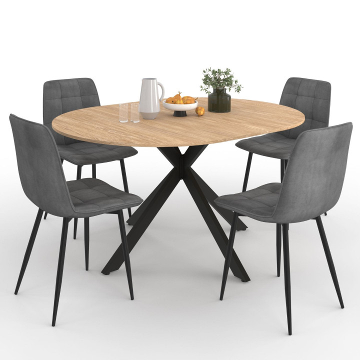 Juego de mesa de comedor redonda extensible de 110 - 150 cm y 4 sillas de terciopelo gris oscuro - ALIX | IdMarket
