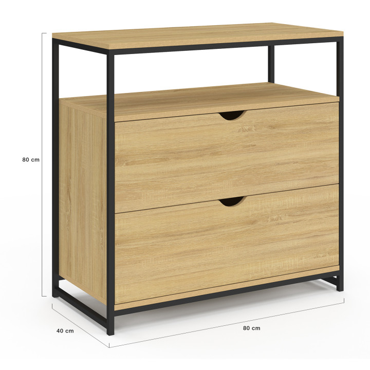 Commode 2 tiroirs DETROIT 80 cm design industriel avec étagère