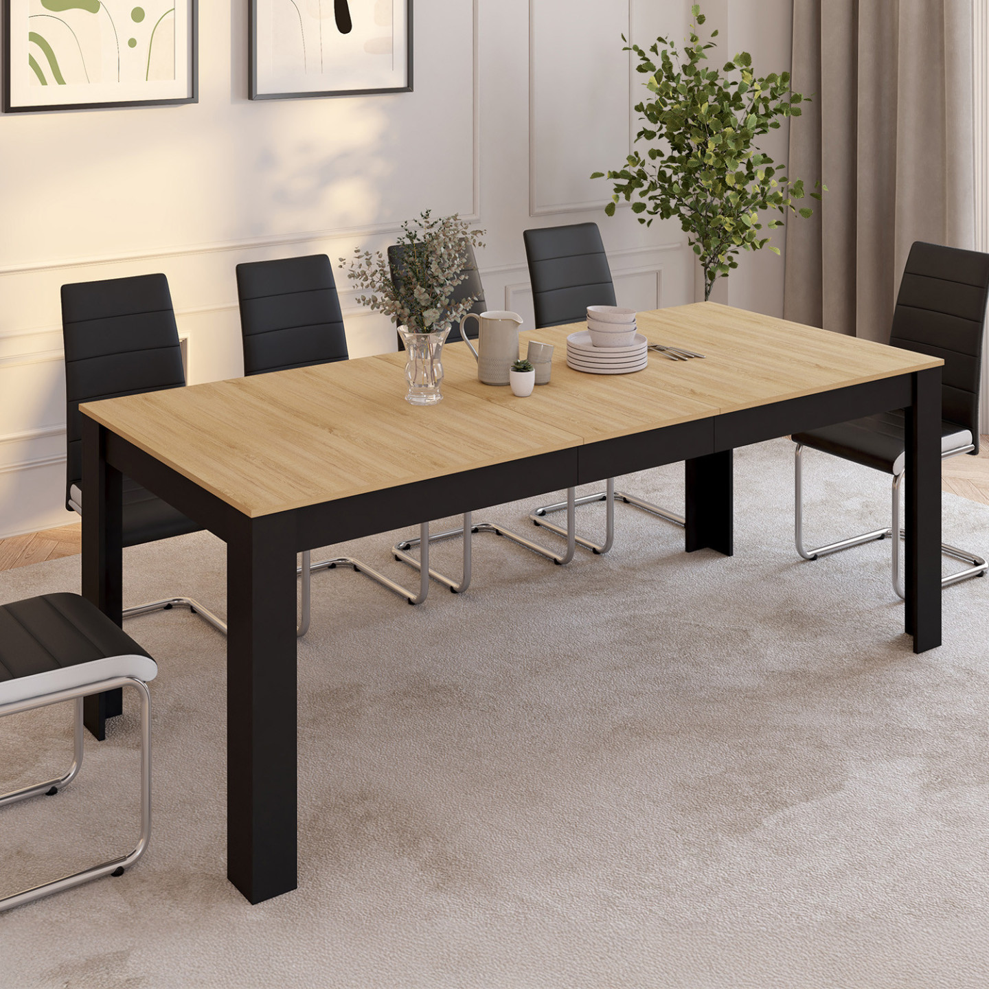 IDMarket Table à Manger Rectangle ROZY 6 Personnes - Noire Plateau Façon Hêtre 110 Cm - Style Contemporain