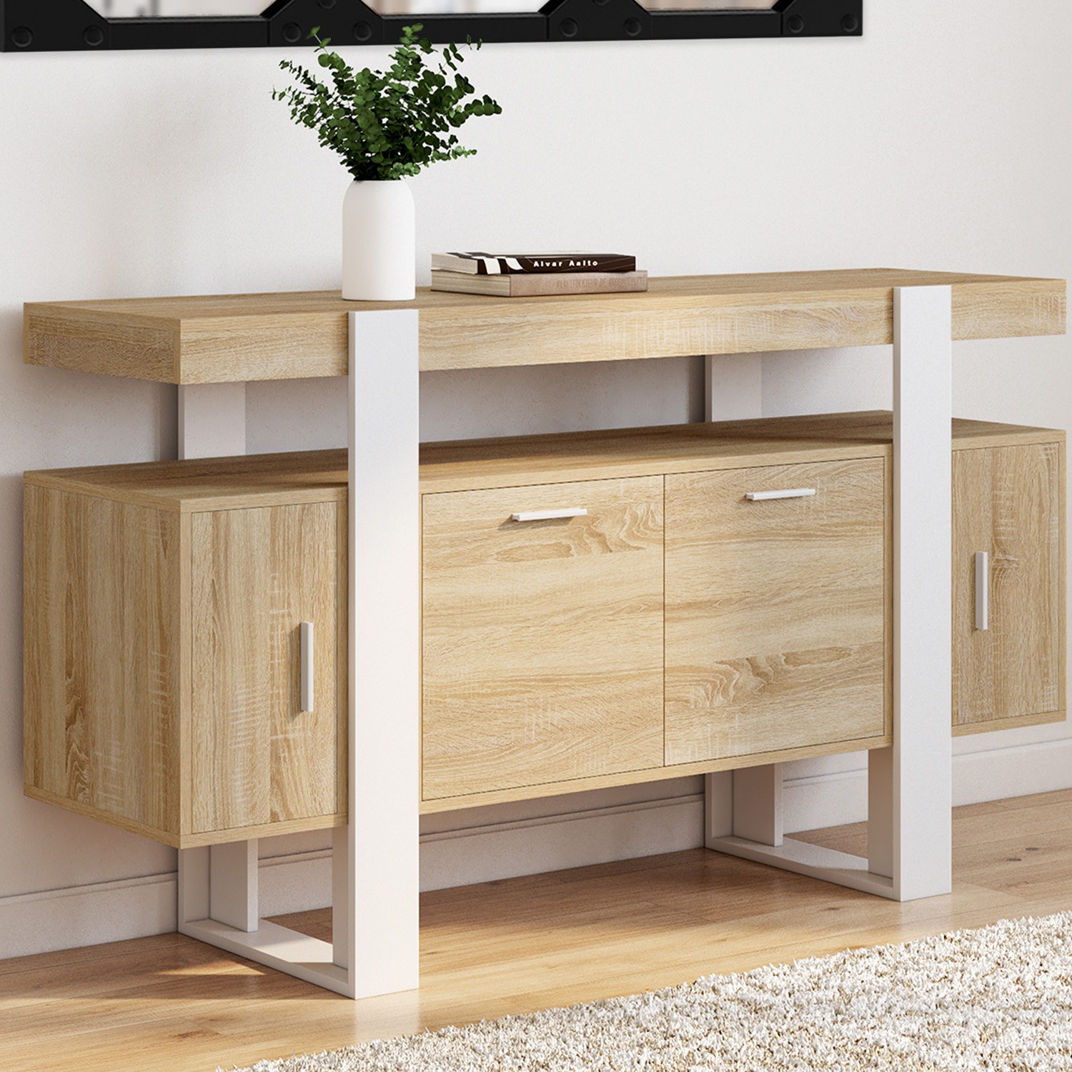 Buffet bois et blanc 4 portes 140 cm