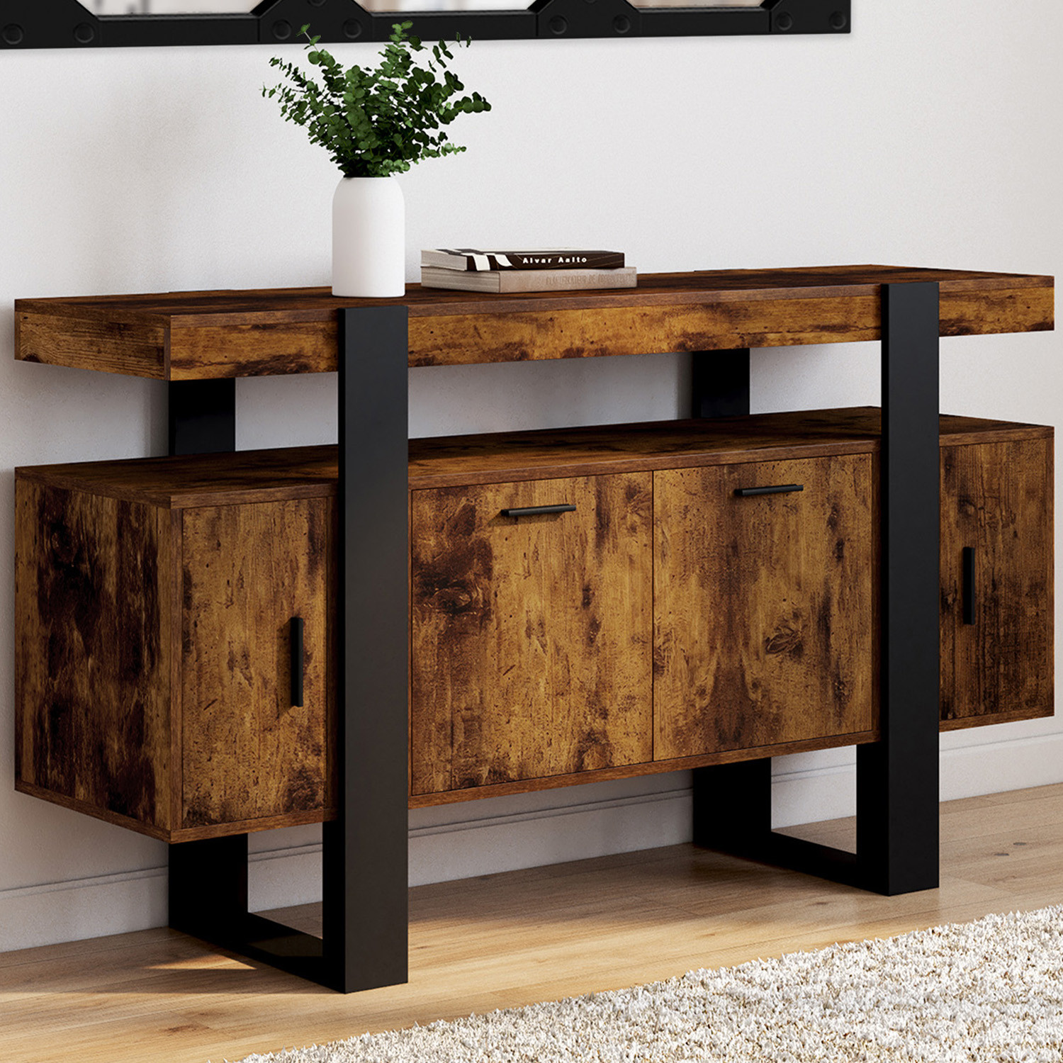 Buffet bois effet vieilli et noir 140 cm 4 portes
