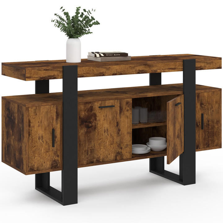 Buffet 140 cm PHOENIX 4 portes bois effet vieilli et noir