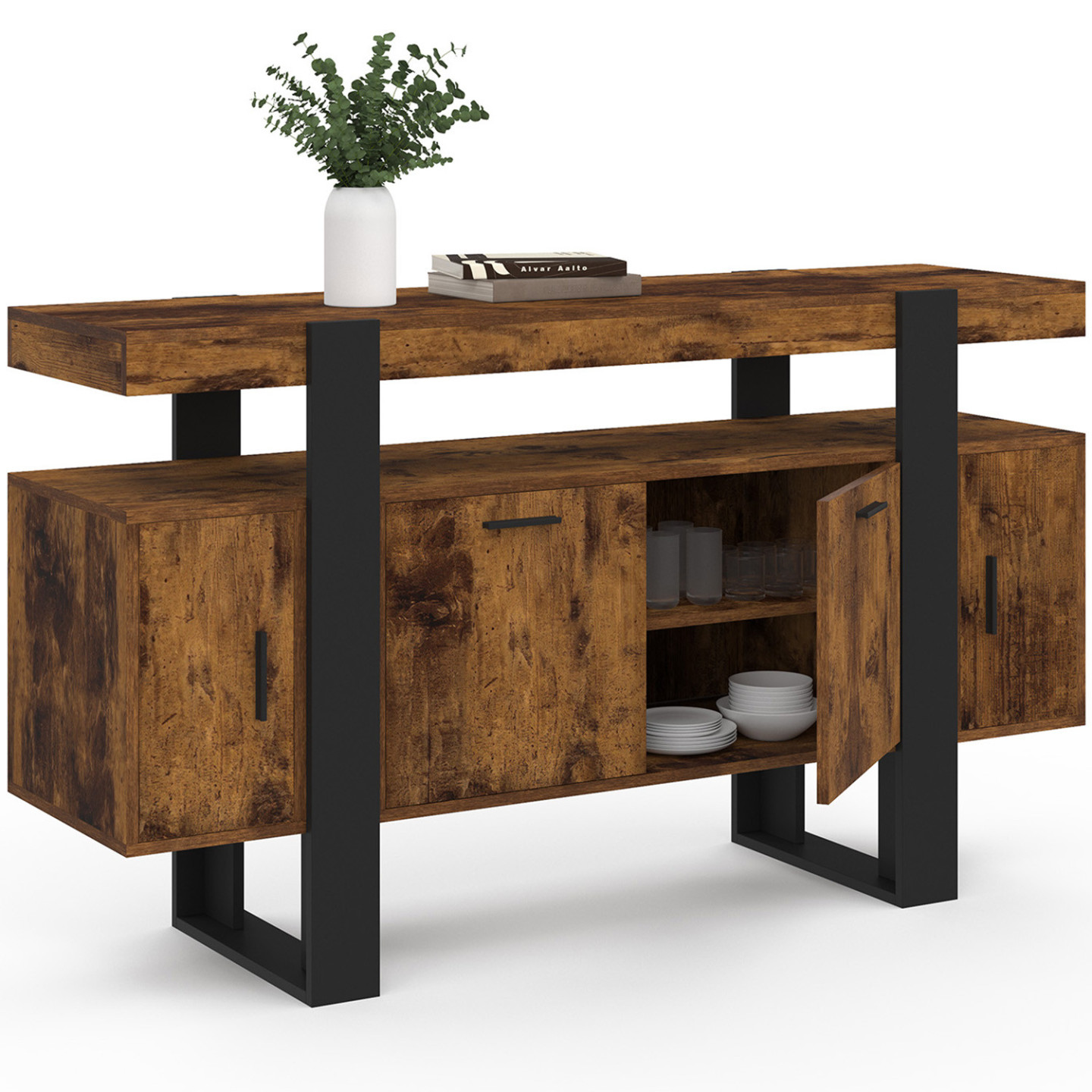Credenza Sireine 4 Ante In MDF E Metallo – 80x40x103 Cm, Colore Nero E Marrone, 6 Scomparti