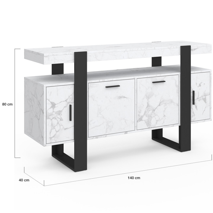 Buffet 140 cm PHOENIX 4 portes effet marbre blanc ALASKA et noir