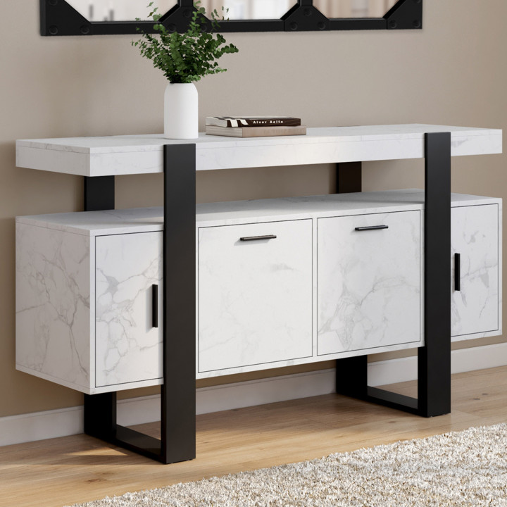 Buffet 140 cm PHOENIX 4 portes effet marbre blanc ALASKA et noir