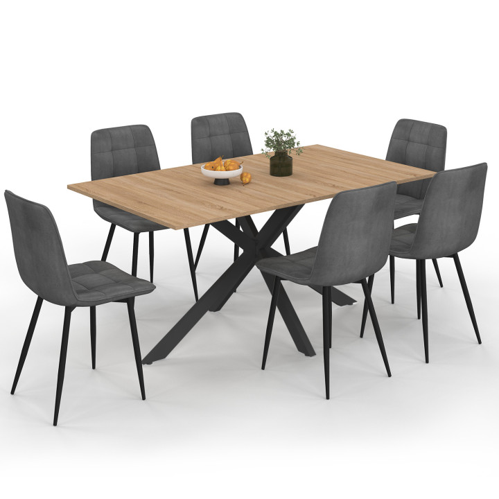 Juego de mesa de comedor rectangular 160 cm madera y negro y 6 sillas de terciopelo gris oscuro - ALIX | IdMarket