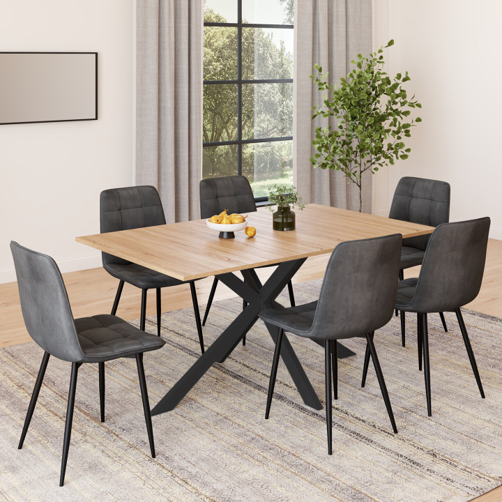 Set tavolo da pranzo rettangolare 160 cm in legno e nero e 6 sedie in velluto grigio scuro - ALIX | IdMarket