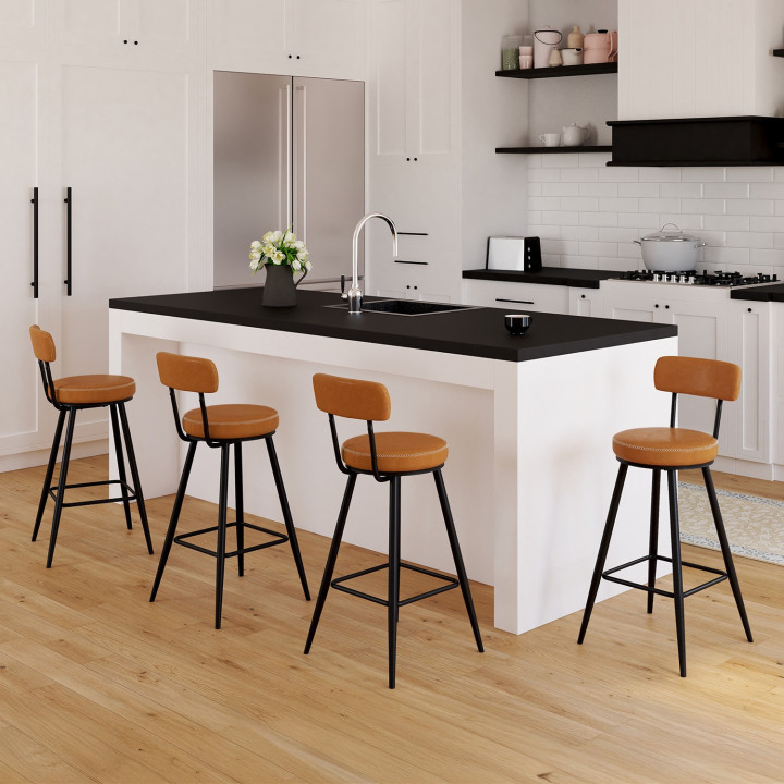 Lote de 4 taburetes de bar efecto cuero marrón con patas de metal - ISAURE | IDMarket