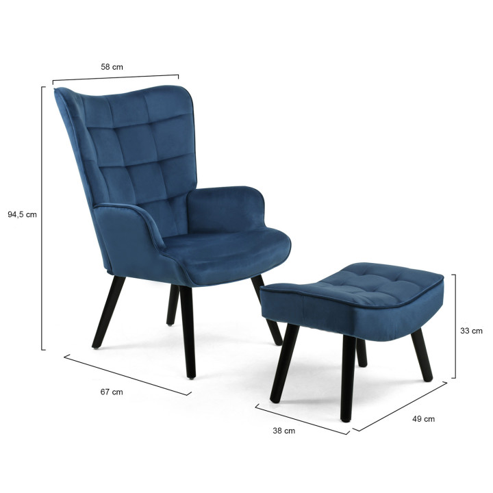 Scandinavische fauteuil in blauw fluweel met voetsteun | ID Market
