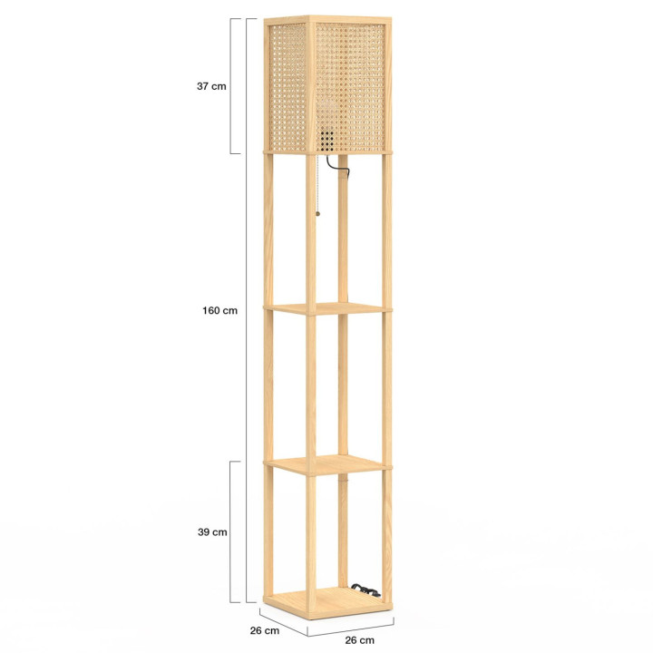 Lampadaire naturel en bois clair avec étagères et abat-jour carré effet cannage