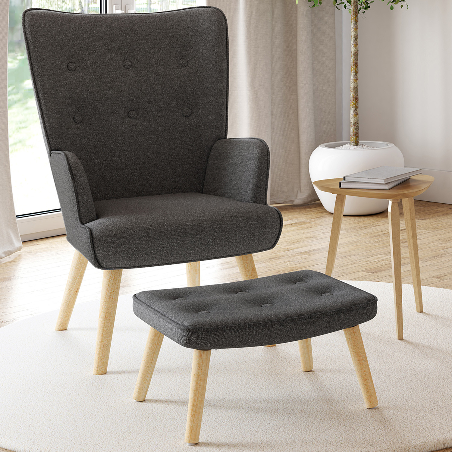 Fauteuil avec repose-pieds gris anthracite style scandinave