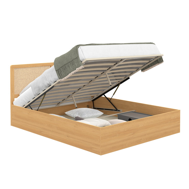 Lit coffre double EDHEN avec tête de lit cannage et sommier 140 x 190 cm coloris bois