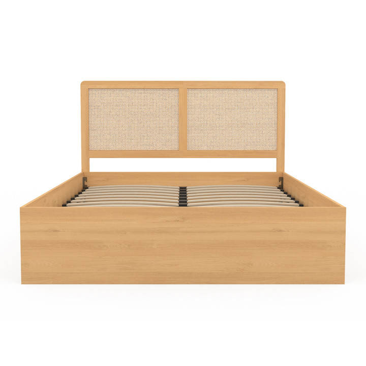 Lit coffre double EDHEN avec tête de lit cannage et sommier 140 x 190 cm coloris bois