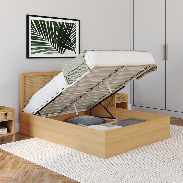 Doppeltes Kastenbett mit Kopfteil aus Rohrgeflecht 140x190cm - EDHEN | ID Market