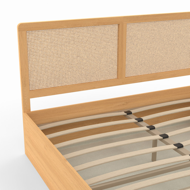 Lit coffre double EDHEN avec tête de lit cannage et sommier 140 x 190 cm coloris bois