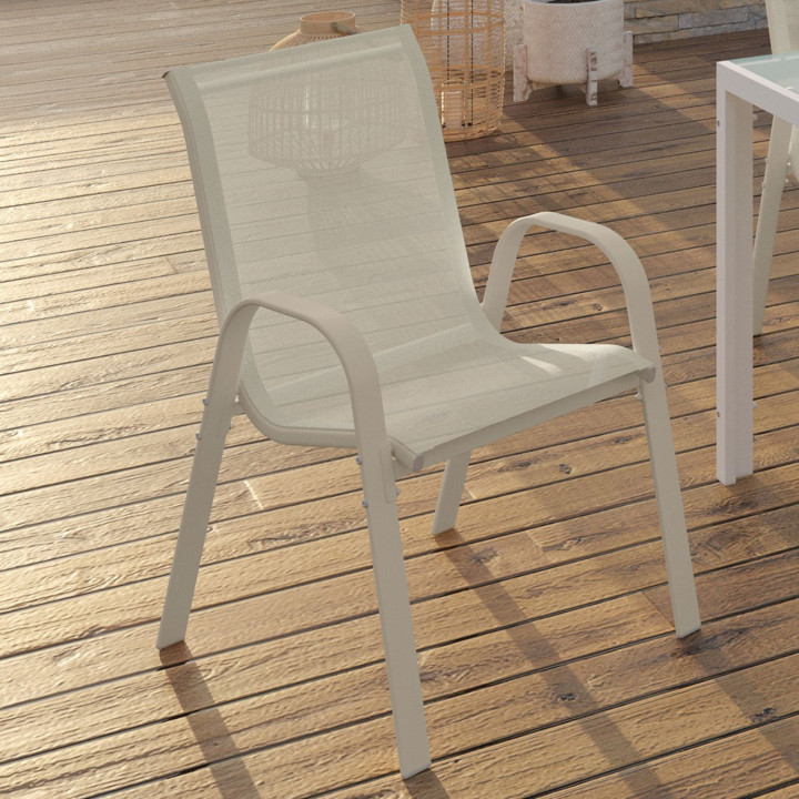 Set van 6 beige metalen en textilene tuinstoelen