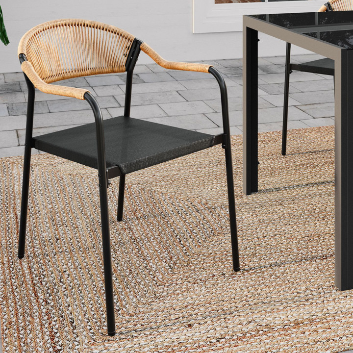 Set van 6 MADEIRA tuinstoelen van metaal, koord en textilene in zwart en licht rotan