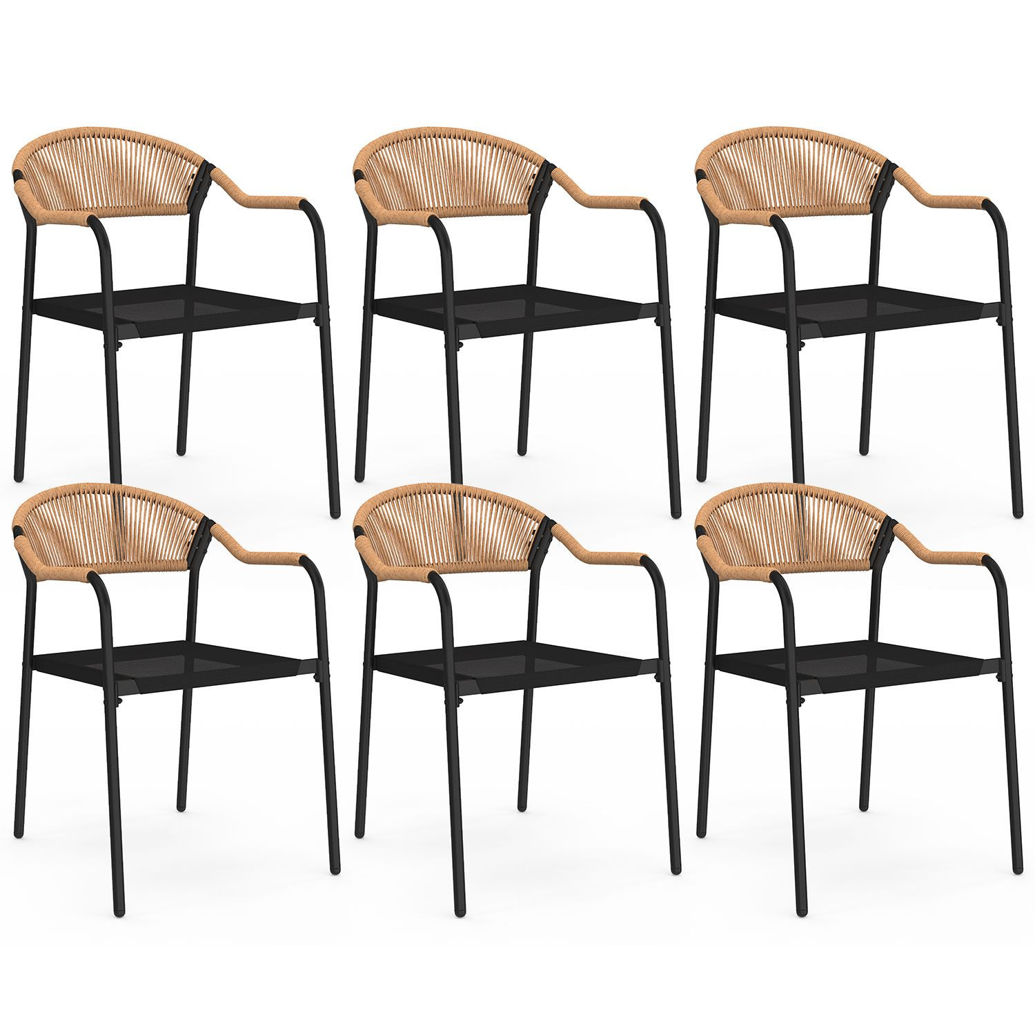 Lot de 6 chaises de jardin métal, cordage et textilène noir et rotin clair