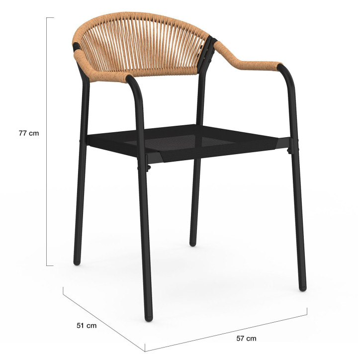 Set di 6 sedie da giardino MADEIRA in metallo, corda e textilene nero e rattan chiaro