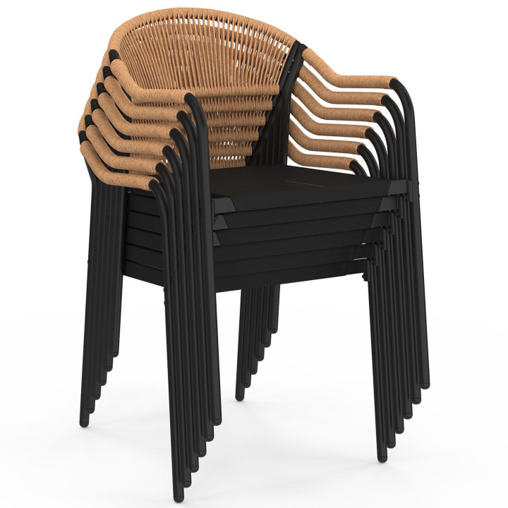 Set van 6 MADEIRA tuinstoelen van metaal, koord en textilene in zwart en licht rotan